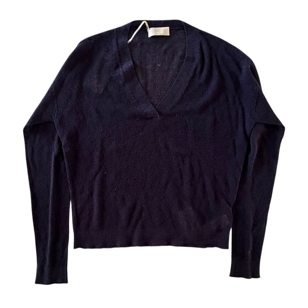 Momoni Crespino V- Neck Sweater in Crepe Wool Navy S NWT